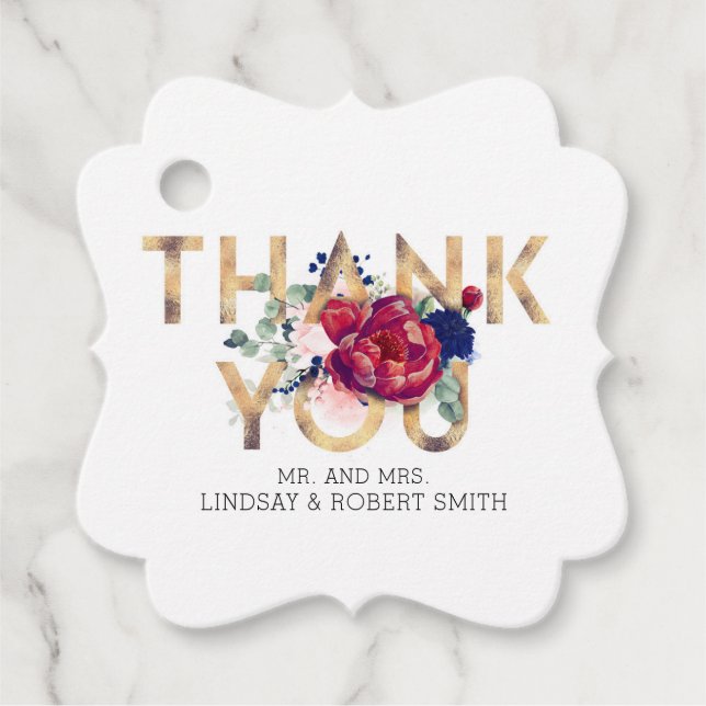 Tack för Burgundy och  Rosa Blommigt Gåvor Etiketter (Framsida)