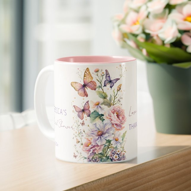 Tack för Butterflies möhippa Två-Tonad Mugg (Butterflies enchanted garden bridal shower thank you favors personalized coffee mug practical favors)