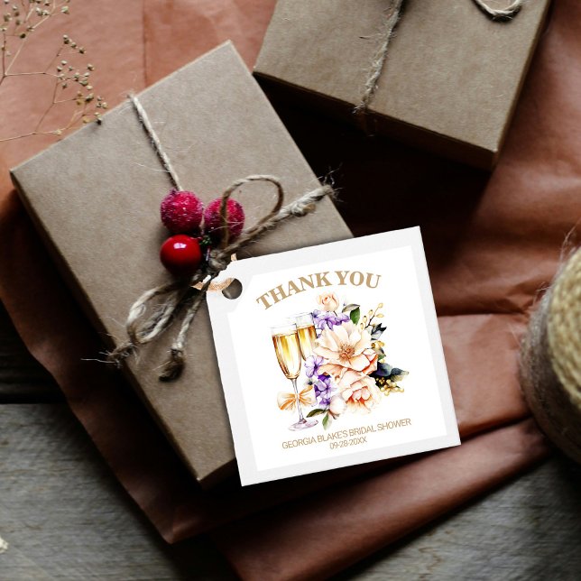 Tack för champagneglas persika lila blommig gåvor etiketter (Skapare uppladdad)