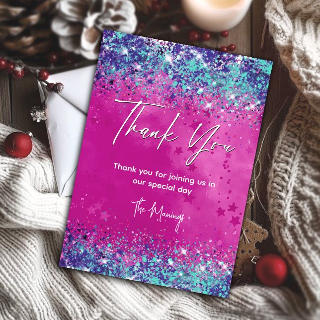 Tack för chic aqua rosa iridescent glitter kort (Skapare uppladdad)