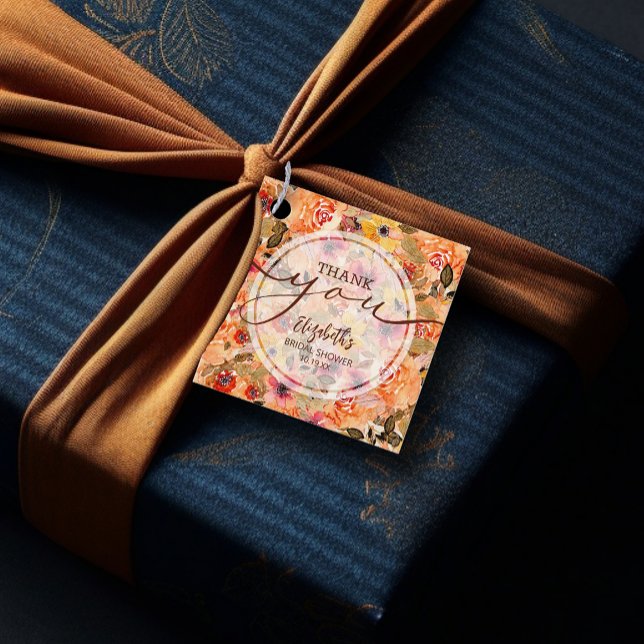 Tack för Chic Höst Blommig Bröllopsfest Gåvor Etiketter (Chic fall floral bridal shower thank you square favor tags 2" x 2")