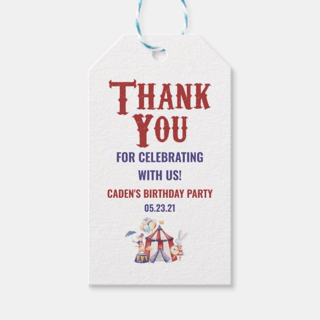 Tack för Circus Carnival-Födelsedagsfest Presentetikett (Framsidan)