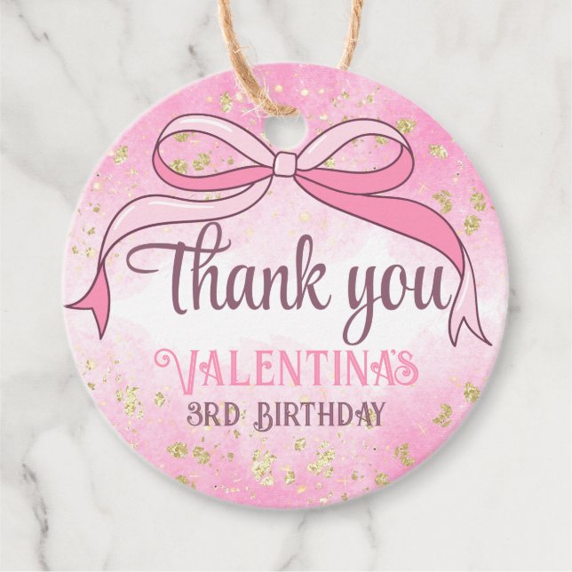 Tack för Coquette Rosa Bow Guld Glitter Gåvor Etiketter (Framsida)