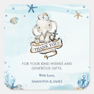 Tack för Cute Elephant Nautical Baby Shower Fyrkantigt Klistermärke