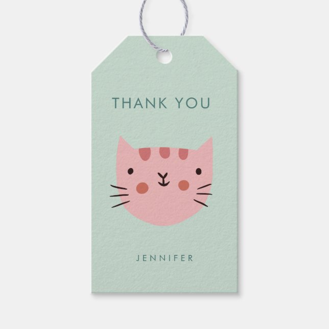 Tack för Cute Rosa Cat Birthday Presentetikett (Framsidan)