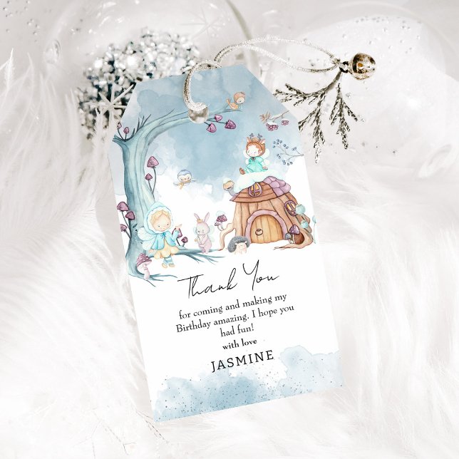 Tack för Cute Winter Forest Fairy Birthday Presentetikett (Skapare uppladdad)