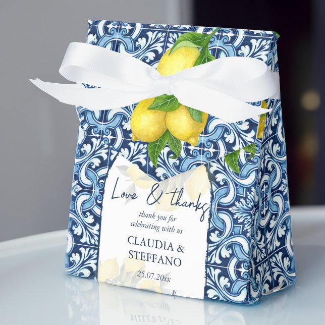 Tack för de blå plattorna och citron, Amalfi Itali Presentaskar (Blue tiles and lemon Amalfi Italian wedding thank Favor Box)