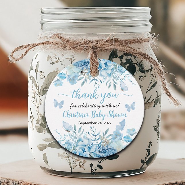 Tack för den blå Blommigten Baby Shower Gåvor Etiketter (Skapare uppladdad)