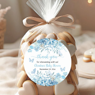 Tack för den blå Blommigten Baby Shower Runt Klistermärke