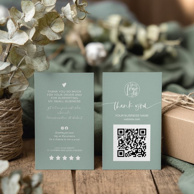 Tack för den moderna grönten QR-kodsedel Visitkort (Modern script QR code sage green order thank you Business Card)