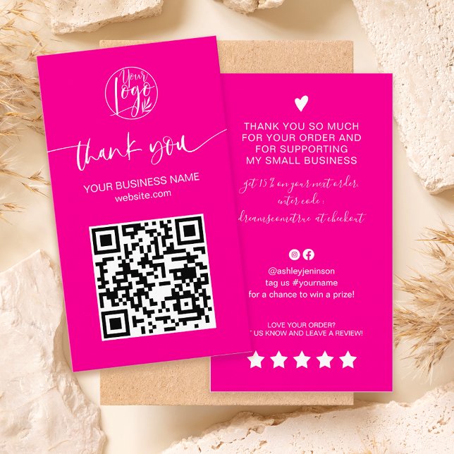 Tack för den moderna shock rosa QR-kod Visitkort (Modern script QR code hot pink order thank you Business Card)