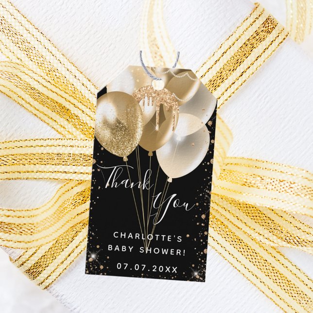 Tack för den svarta guld-ballongen glitter presentetikett (Skapare uppladdad)