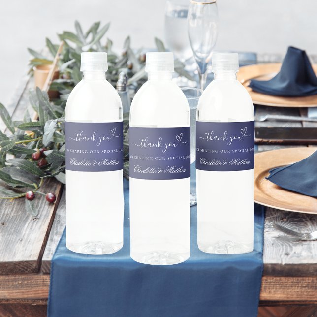 Tack för det blå hjärtat i bröllop vattenflaskor etikett (Skapare uppladdad)