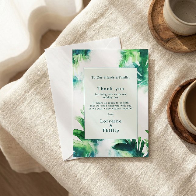Tack för det botaniska Bröllop-kortet från Tropica Kort (Tropical Greenery botanical Wedding Thank You Card.)