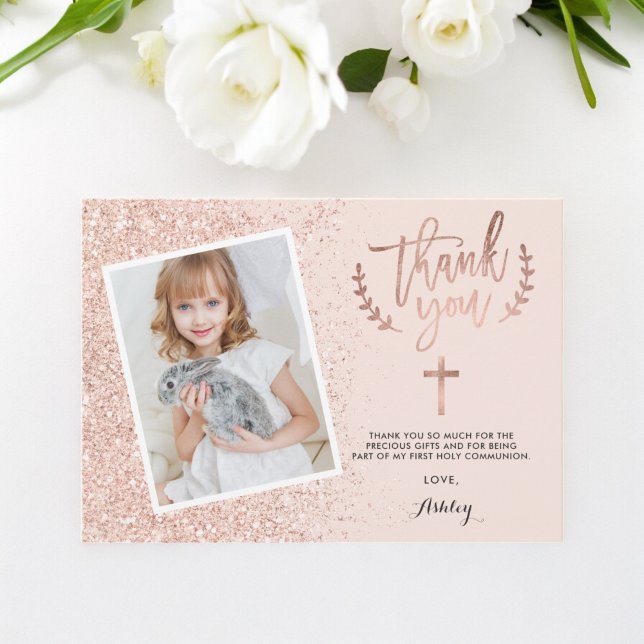 Tack för det första foto av gemensamheten Ro guld  (thank you first Rose gold glitter communion photo)