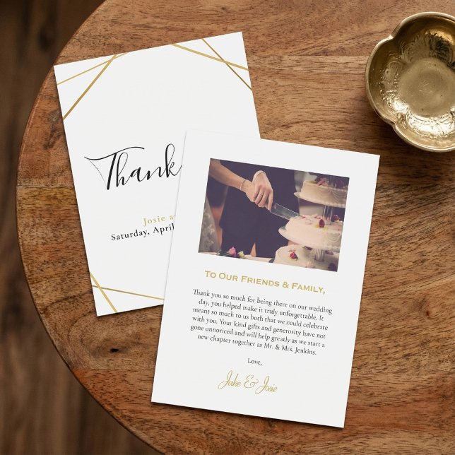 Tack för det geometriska fotot med Guld-bröllop-ko Kort (Gold geometric photo wedding thank you card.)