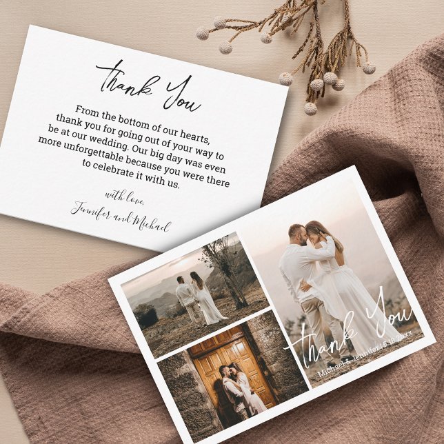Tack för det moderna bröllop 3-fotokollage anteckningskort (Skapare uppladdad)