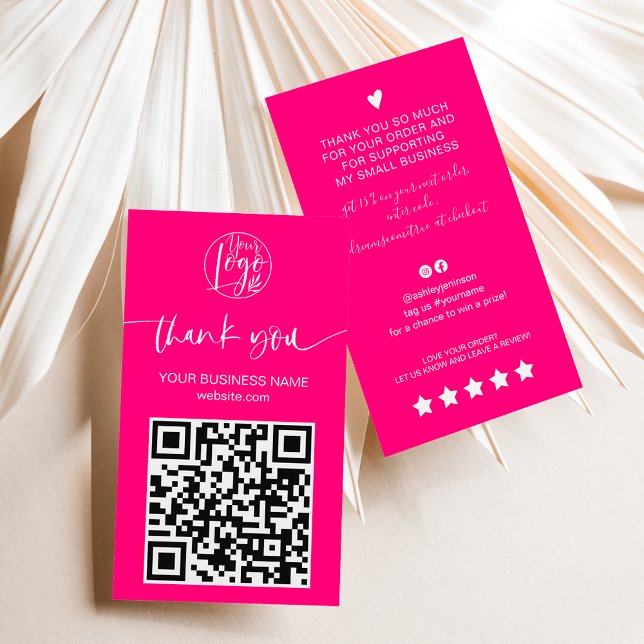 Tack för det moderna skriptet QR-kod i rosa Visitkort (Modern script QR code neon pink order thank you Business Card)