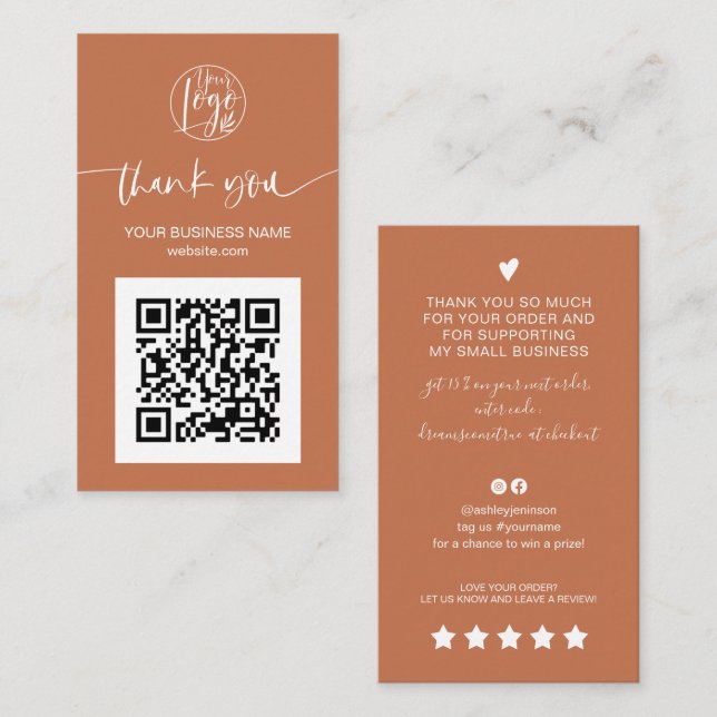 Tack för det moderna skriptet QR-koden teracotta Visitkort (Fram/baksida)
