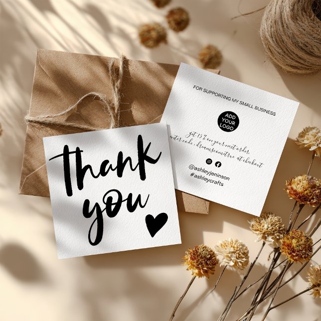 Tack för det moderna skriptteckensnittet svart och fyrkantigt visitkort (Modern script font black and white order thank you square business card)