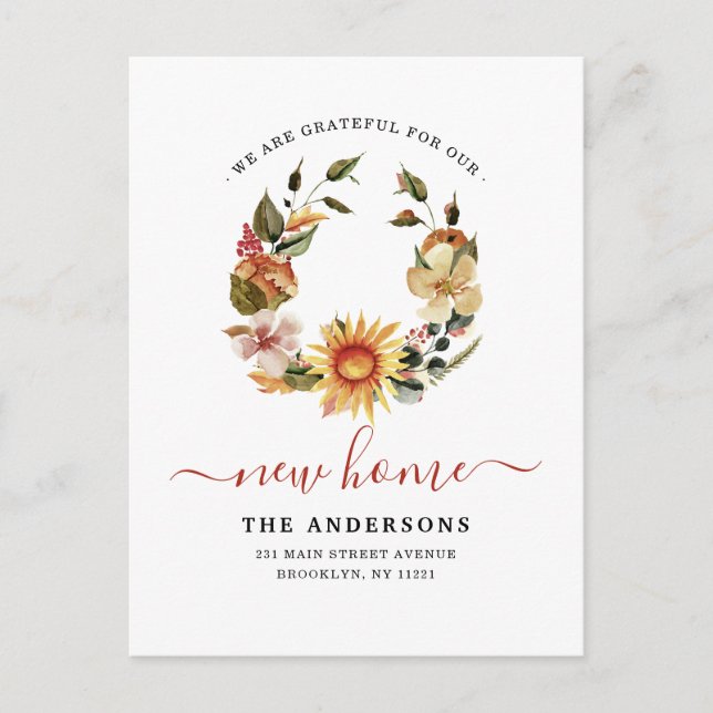 Tack för det Nya Hemmet Vi Har Bytt Höstkrans Flyt Meddelande Vykort (Framsida)