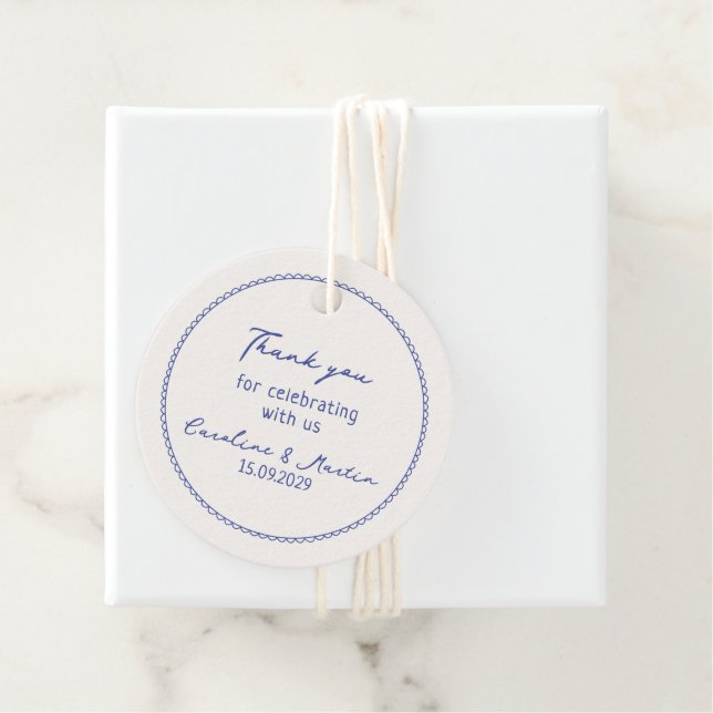 Tack för det vismliga, blå hand plockade bröllop gåvor etiketter (På plats)
