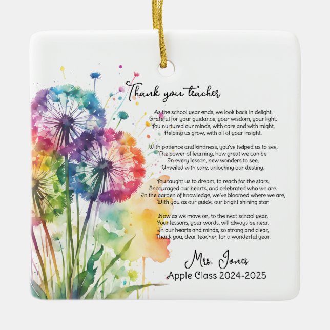 Tack för din lärare pension dandelion dikt julgransprydnad keramik (Framsida)