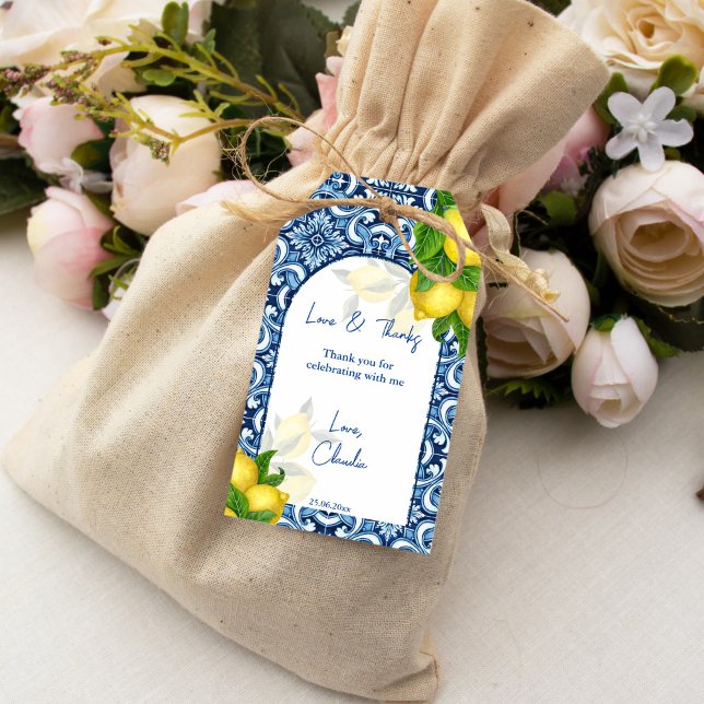Tack för din möhippa. presentetikett (Blue tiles lemon Amalfi bridal shower thank you Gift Tags)