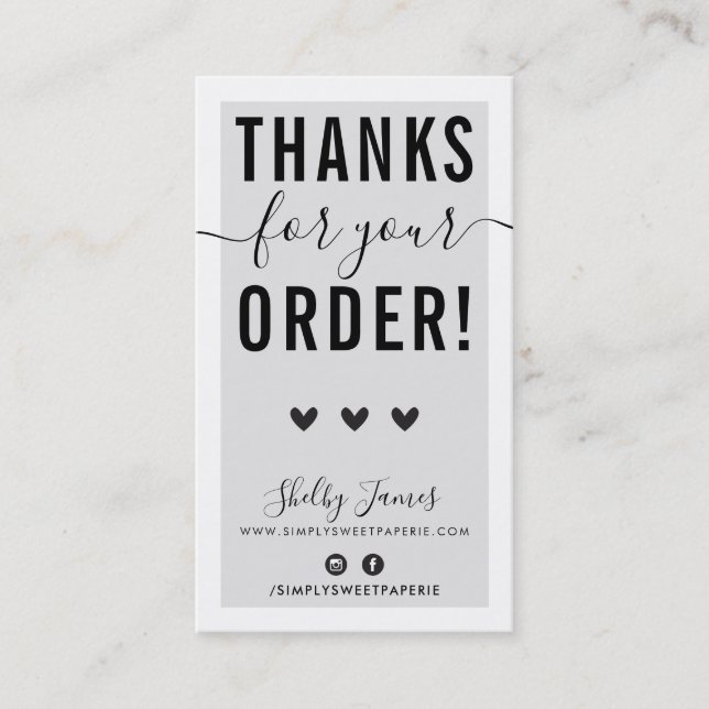 TACK FÖR DIN ORDNING FÖR IN grått-svart Visitkort (Framsida)