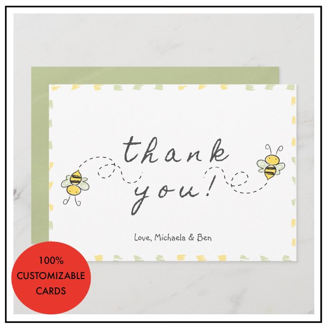 Tack för dina kort,Babyskor i nuet Modern (Bee thank you cards,Baby Shower Cute gender neutral)