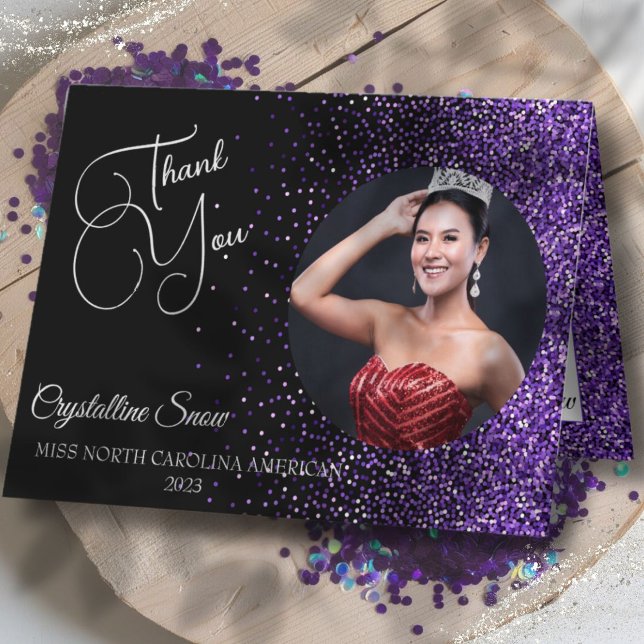 Tack för dina kort för anpassningsbarnas Skönhetst (Show off your sparkle and gratitude with custom purple glitz custom photo pageant thank you cards)