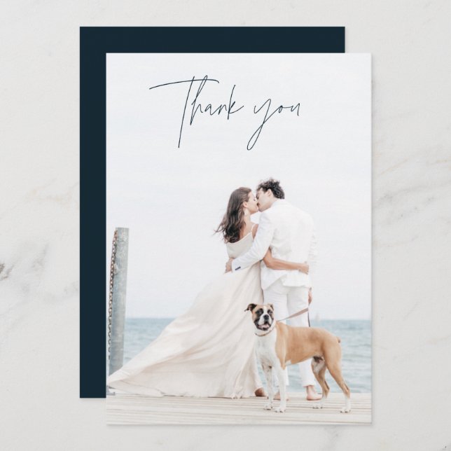 Tack för dina kort i Modern Navy Blue Photo Bröllo (Fram/baksida)