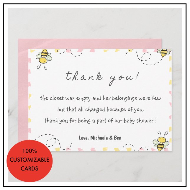 Tack för dina kort, Mamma för babyskor. Kort (Bee thank you cards,Baby Shower Cute Pink)