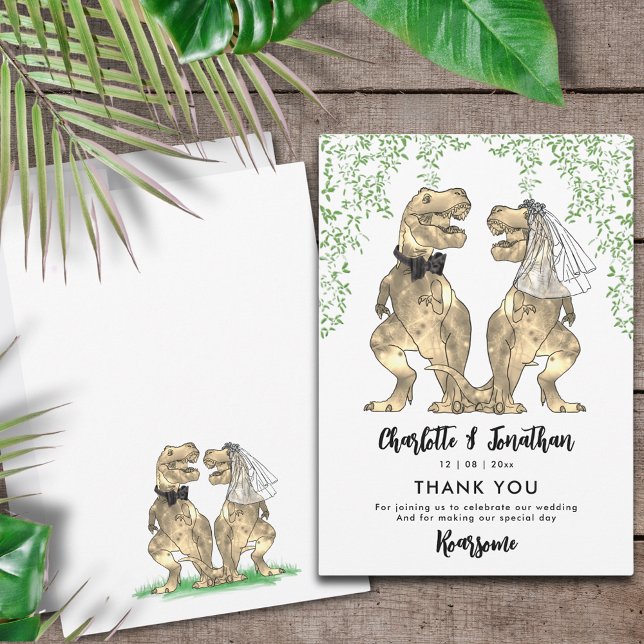 Tack för dinosaurie-tema bröllop kort (Funny T-Rex bride and groom dinosaur themed wedding thank you card )