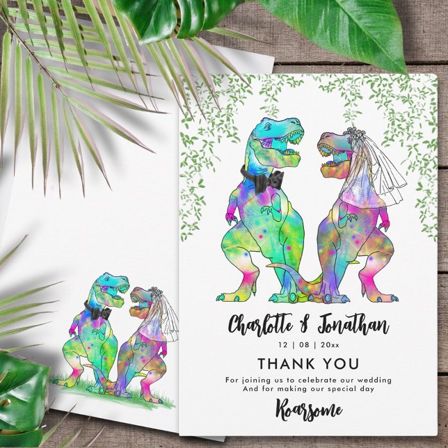 Tack för dinosaurie-tema bröllop kort (Dinosaur wedding funny colorful T-Rex bride and groom and Jurassic jungle foliage wedding thank you)
