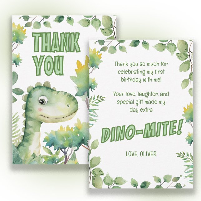 Tack för dinosauriebarnets 1-årsfest som var Dino- Kort (Cute dinosaur 1st birthday party "Thank you" card. )