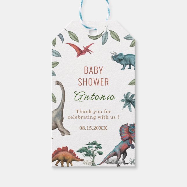 Tack för dinosaurierbabyduschen med vattenfärgGift Presentetikett (Framsidan)