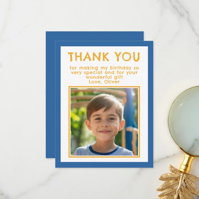 Tack för ditt barnfotokort - blått födelsedag (Fram/Back In Situ)