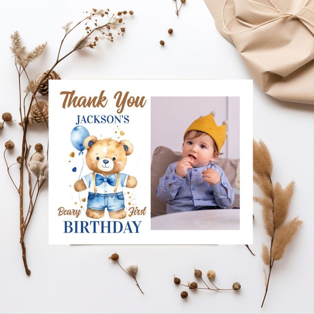 Tack för ditt fotokort på nallens födelsedag (Beary first teddy bear themed birthday photo thank you card watercolor cute teddy bear with balloon)