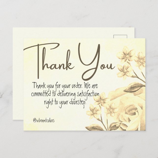 Tack För Ditt Köp Gul Blommig Akvarell Vykort (Fram/baksida)