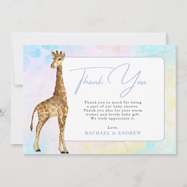 Tack för ditt kort, Baby Giraffe Blue Baby Shower Inbjudningar (Framsida)