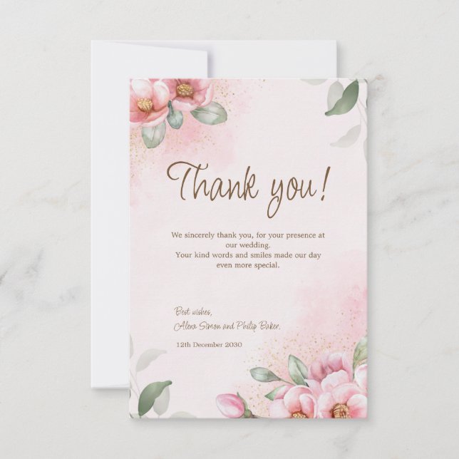 Tack för ditt kort, blommigt Rosa bröllop. Kort (Framsida)