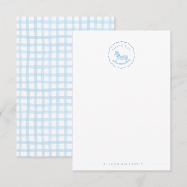 Tack för ditt kort, Blue Rocking Horse Baby Shower (Fram/baksida)