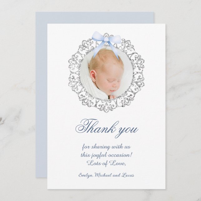 Tack för ditt kort, Bow Baptism i Glitter Ram Inbjudningar (Fram/baksida)