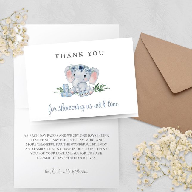 Tack för ditt kort, Cute Elephant Blue Shower Kort (Minimal Elephant Baby Shower Thank You Cards with Blue Floral and Greenery for Baby Boy Shower)