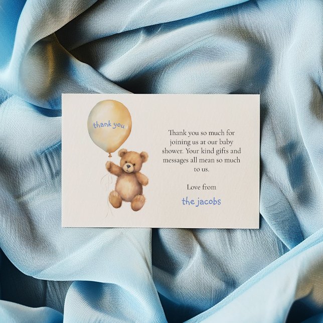 Tack för ditt kort. Cute nalle (Teddy bear baby shower thank you card with gold balloon and blue script.)