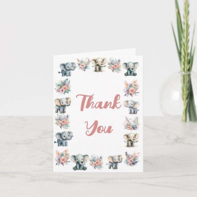 Tack för ditt kort, Elephants & Boho Jungle Flower Inbjudan (Framsida)