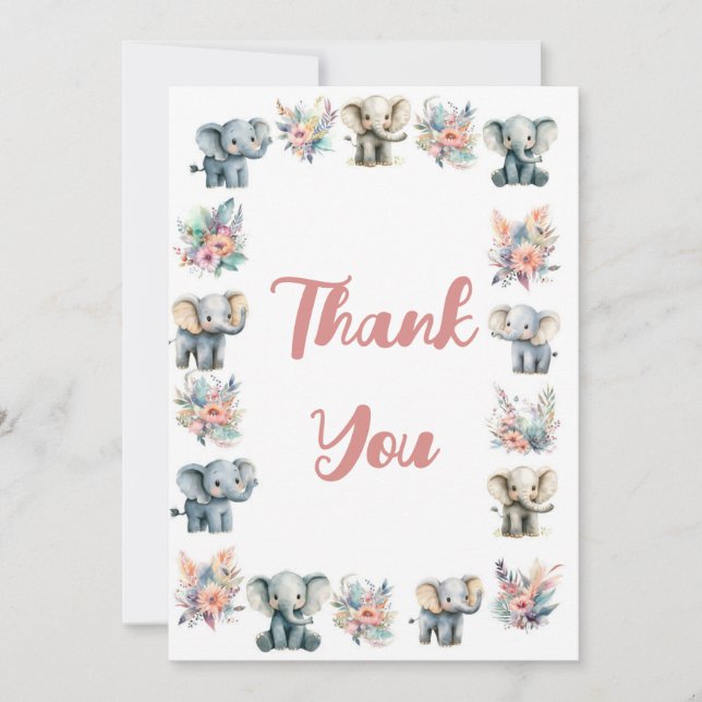 Tack för ditt kort, Elephants & Boho Jungle Flower Inbjudningar (Framsida)