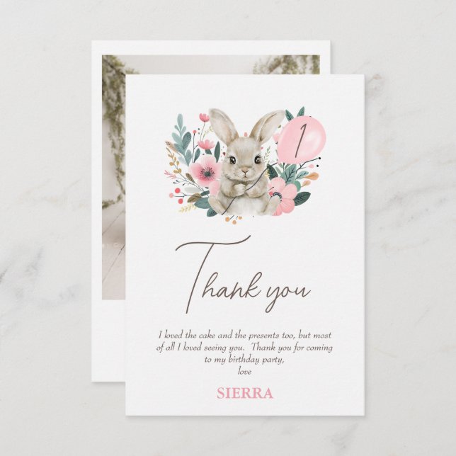 Tack för ditt kort för blommigt Rosa Bunny Birthda (Fram/baksida)