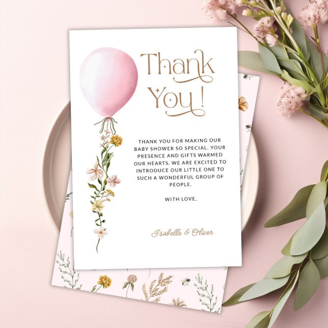 Tack för ditt kort för Blommigten rosa Balloon Bab (Pink Balloon Floral Baby Shower Thank You Card)